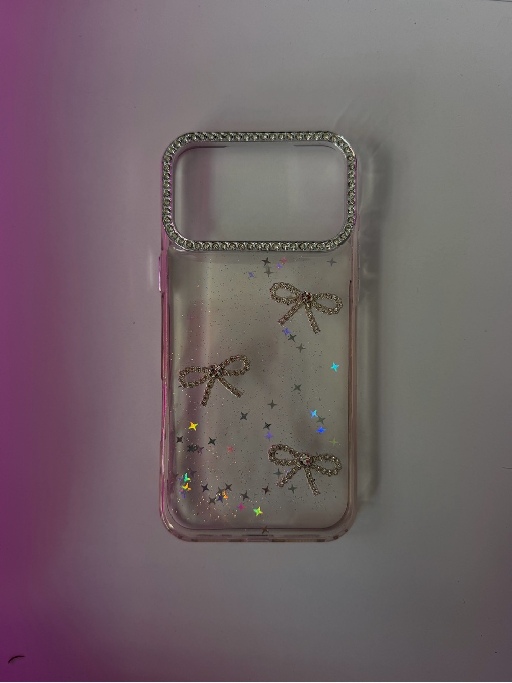 Clear Pink Bow & Rhinestone Camera Frame Phone Case iPhone 17 pro max